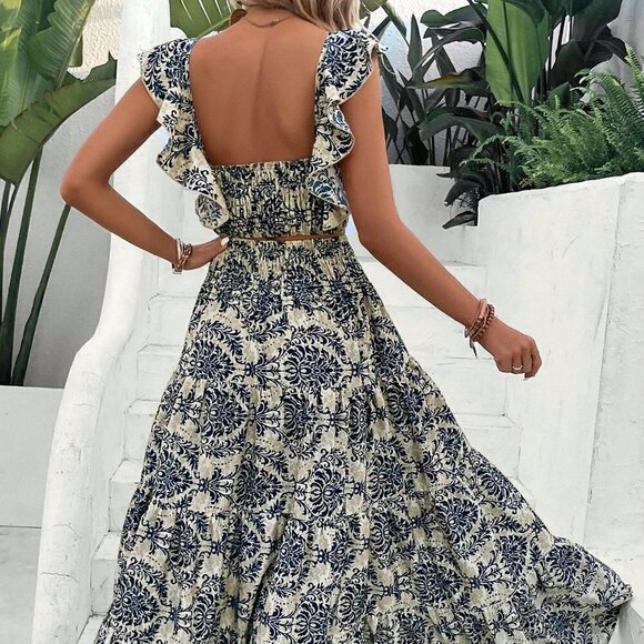 Multicolor Casual Womens Allover Print Ruffle Trim Top & Skirt - Picture 3 of 5